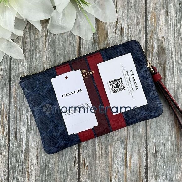 Coach Corner Zip Wristlet In Signature Canvas With Varsity Stripe Wallet Bag